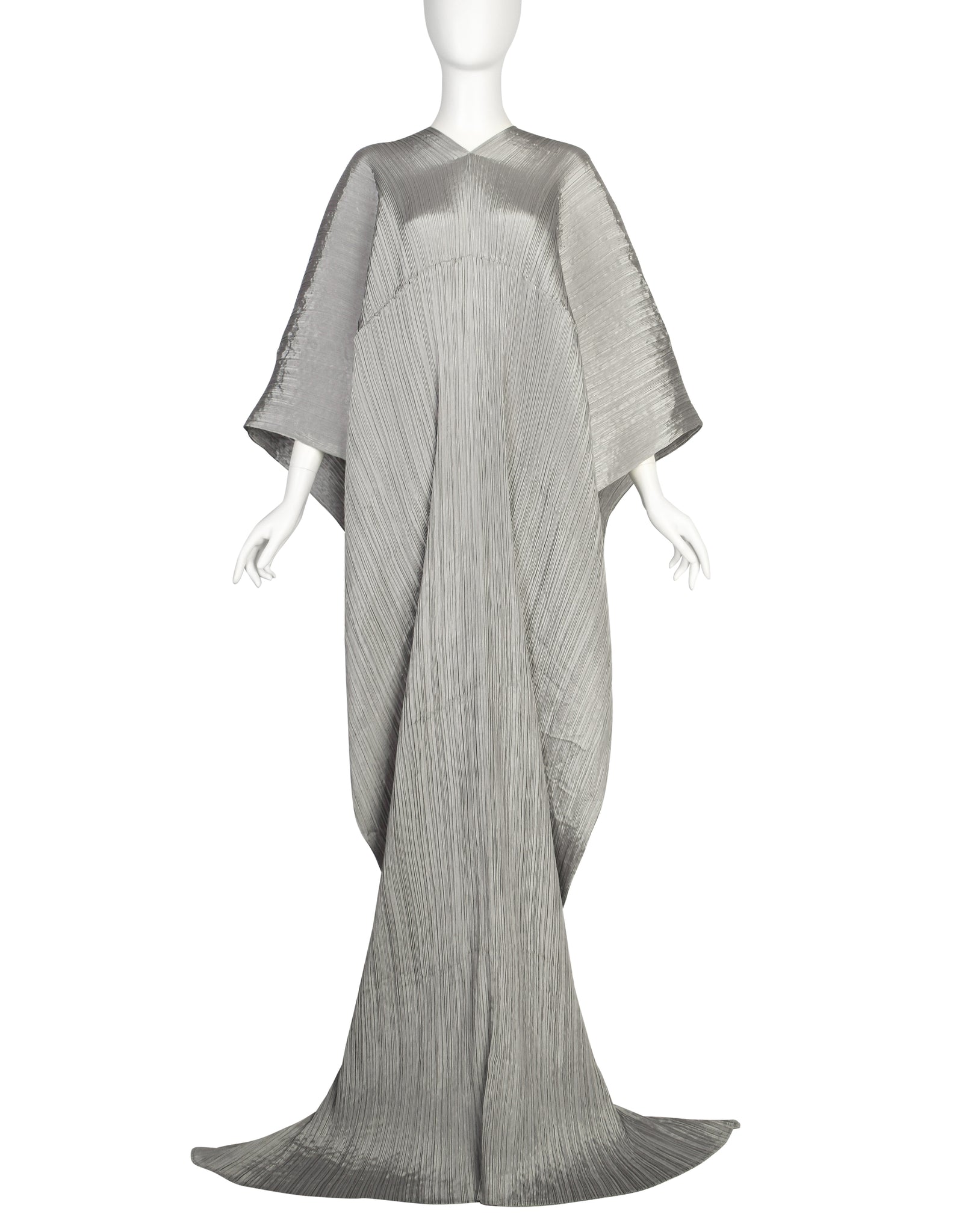 Pleats Please by Issey Miyake Vintage Silver Dramatic Madame T Wrap Cape Tunic Caftan Dress