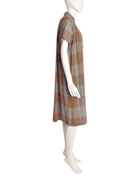 Issey Miyake Sport Vintage 1980s Blue Brown Large Scale Check Cotton Tent Shirt Dress