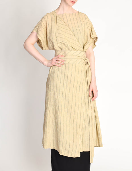 Issey Miyake Vintage Beige Linen Belted Wrap Duster Dress