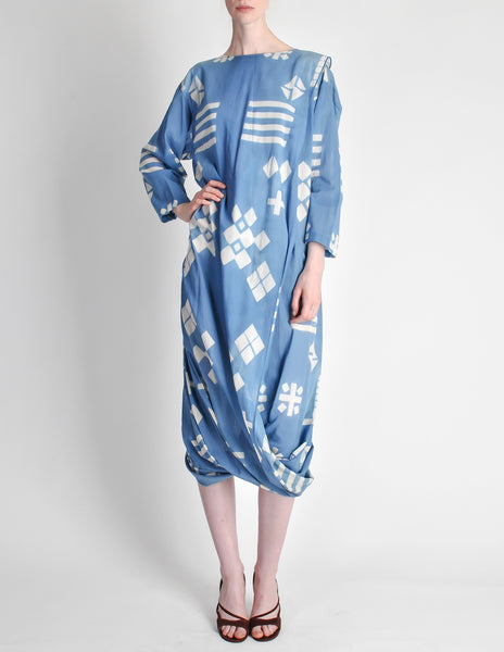 Issey Miyake Vintage Blue and White Cotton Geometric Draping Dress - Amarcord Vintage Fashion
 - 3