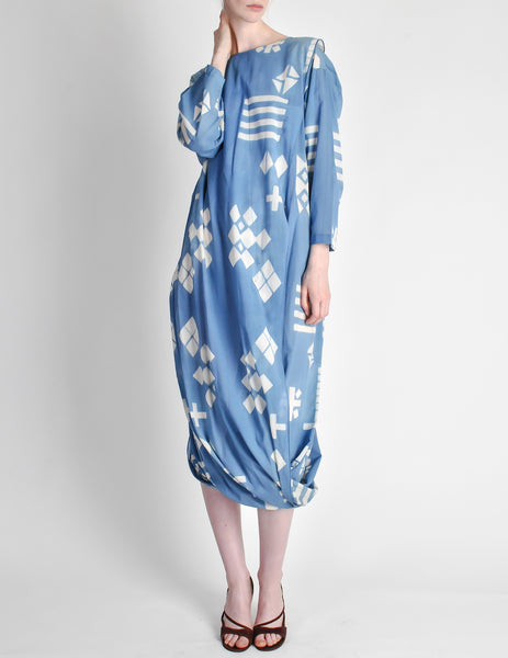 Issey Miyake Vintage Blue and White Cotton Geometric Draping Dress