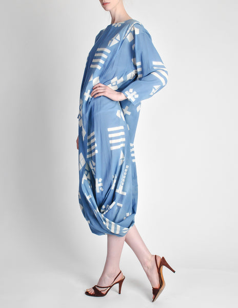 Issey Miyake Vintage Blue and White Cotton Geometric Draping Dress - Amarcord Vintage Fashion
 - 7