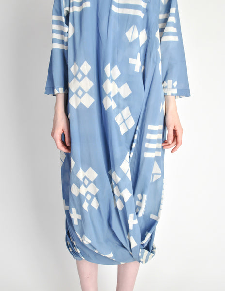 Issey Miyake Vintage Blue and White Cotton Geometric Draping Dress - Amarcord Vintage Fashion
 - 4