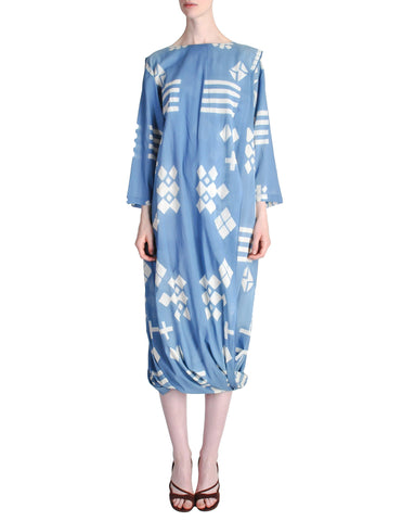 Issey Miyake Vintage Blue and White Cotton Geometric Draping Dress