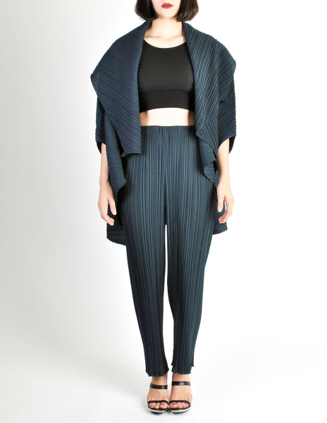 Issey Miyake Vintage Dark Blue Pleated Jacket & Pant Ensemble