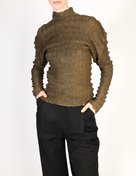 Issey Miyake Vintage Green Brown Pleated Top