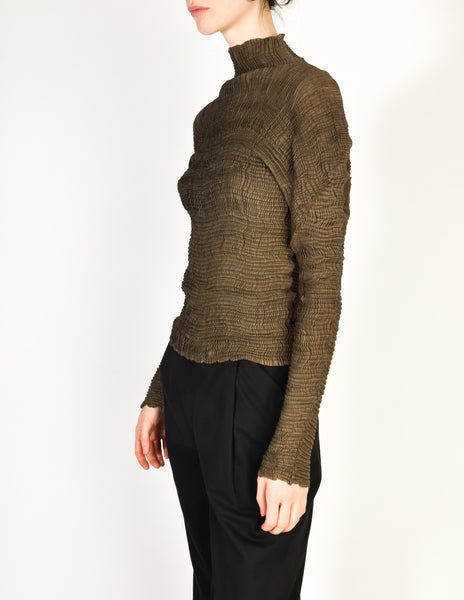 Issey Miyake Vintage Green Brown Pleated Top