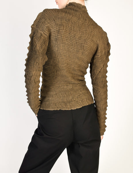 Issey Miyake Vintage Green Brown Pleated Top