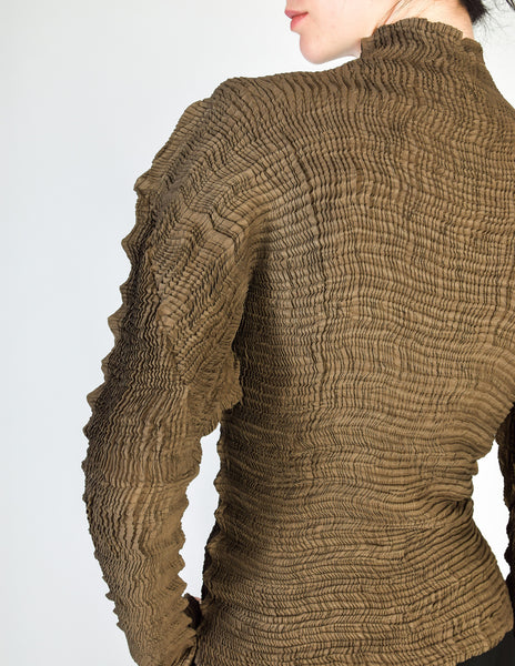 Issey Miyake Vintage Green Brown Pleated Top