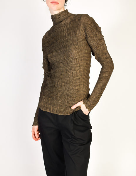 Issey Miyake Vintage Green Brown Pleated Top