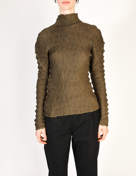 Issey Miyake Vintage Green Brown Pleated Top