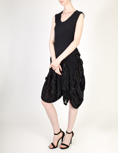 Issey Miyake Vintage Black Crinkle Pleated and Velvet Dress