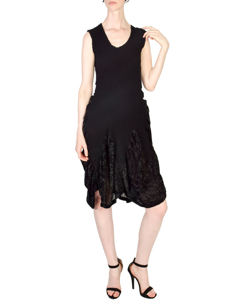 Issey Miyake Vintage Black Crinkle Pleated and Velvet Dress