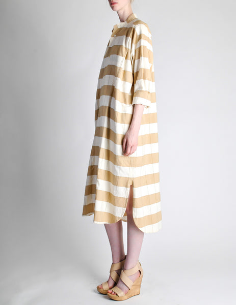 Issey Miyake Plantation Vintage Cream & Beige Striped Shirt Dress - Amarcord Vintage Fashion
 - 3