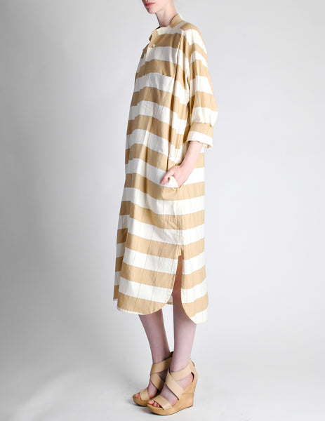 Issey Miyake Plantation Vintage Cream & Beige Striped Shirt Dress - Amarcord Vintage Fashion
 - 5
