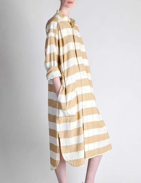 Issey Miyake Plantation Vintage Cream & Beige Striped Shirt Dress - Amarcord Vintage Fashion
 - 4