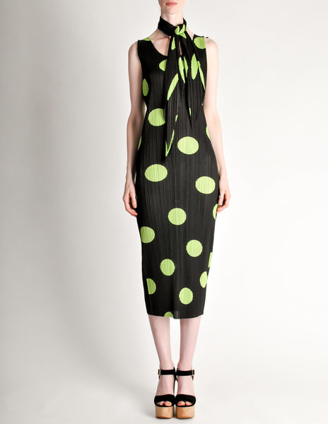 Issey Miyake Pleats Please Vintage Black & Green Polka Dot Dress