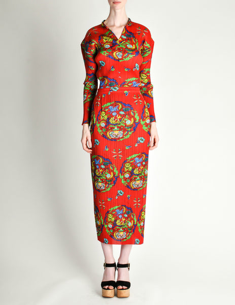 Issey Miyake Pleats Please Vintage Chinese Print Two Piece Top & Skirt Ensemble - Amarcord Vintage Fashion
 - 4