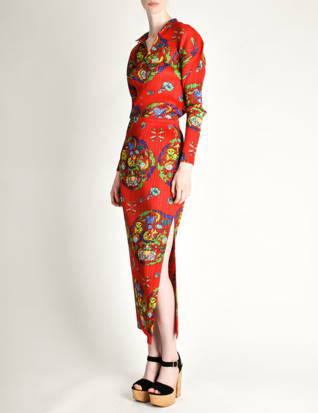Issey Miyake Pleats Please Vintage Chinese Print Two Piece Top & Skirt Ensemble - Amarcord Vintage Fashion
 - 3