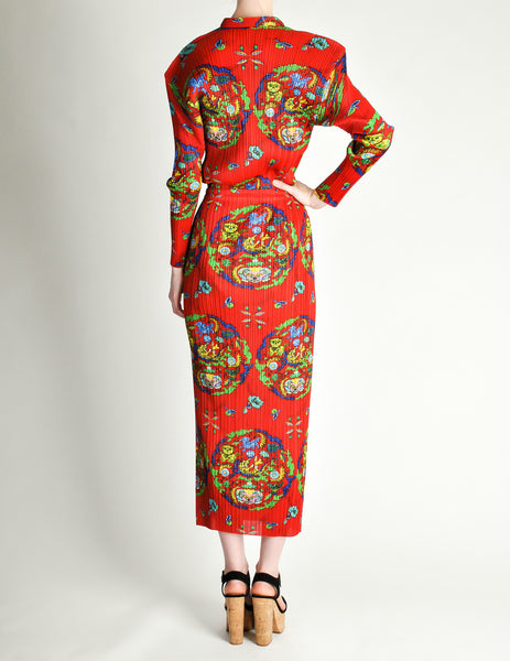 Issey Miyake Pleats Please Vintage Chinese Print Two Piece Top & Skirt Ensemble
