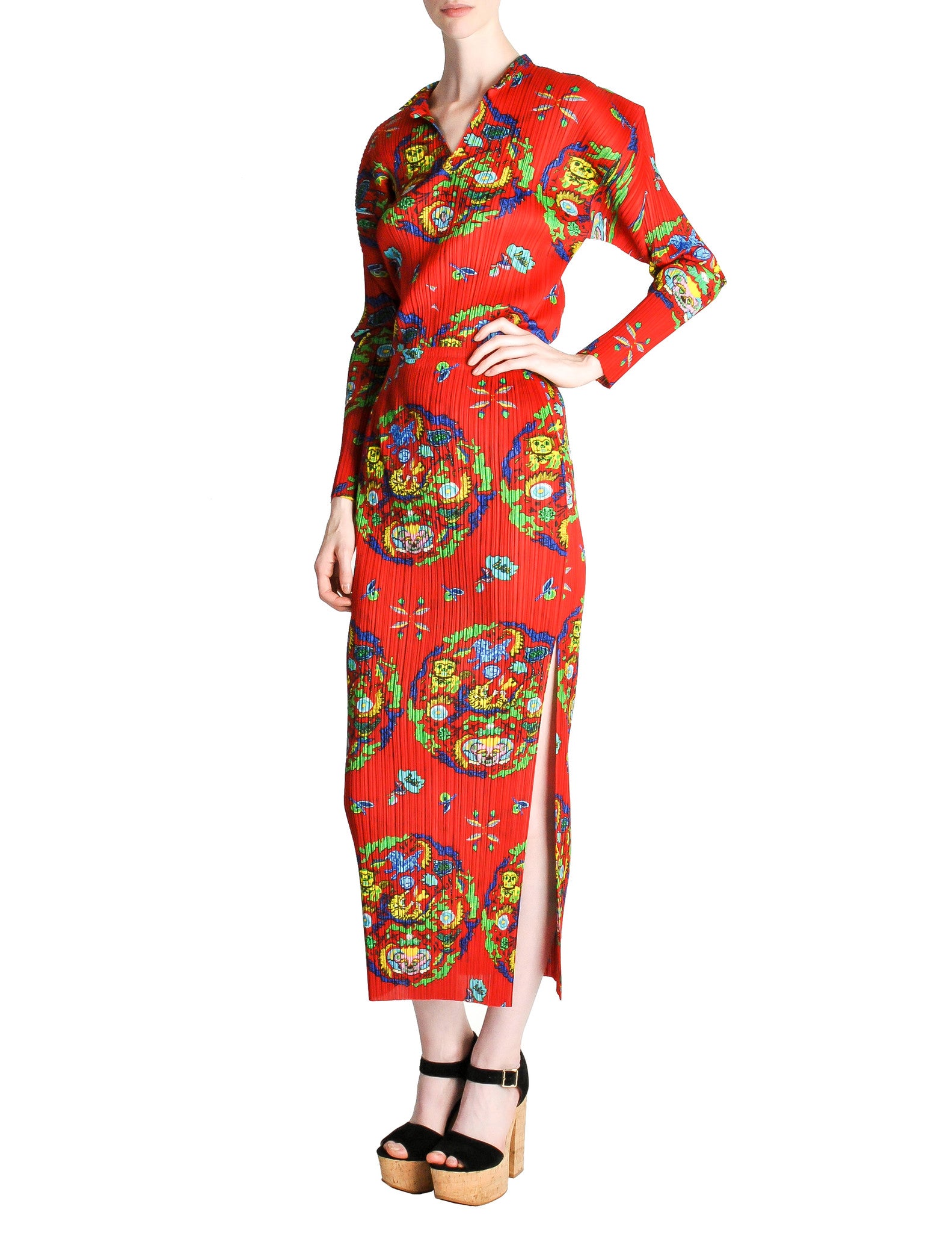 Issey Miyake Pleats Please Vintage Chinese Print Two Piece Top & Skirt Ensemble - Amarcord Vintage Fashion
 - 1