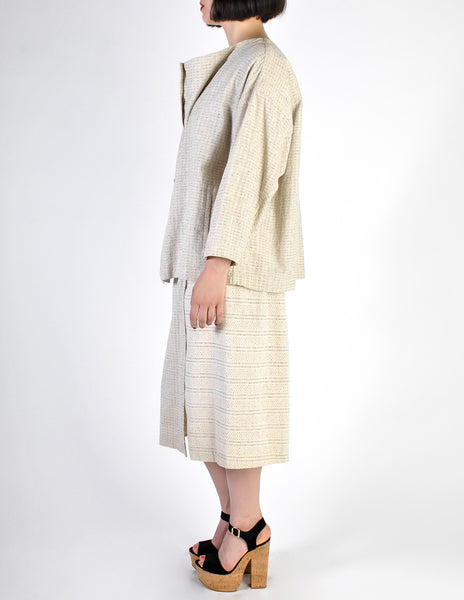Issey Miyake Vintage Natural Cream & Black Fleck Woven Jacket & Skirt Ensemble