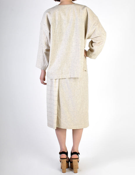 Issey Miyake Vintage Natural Cream & Black Fleck Woven Jacket & Skirt Ensemble
