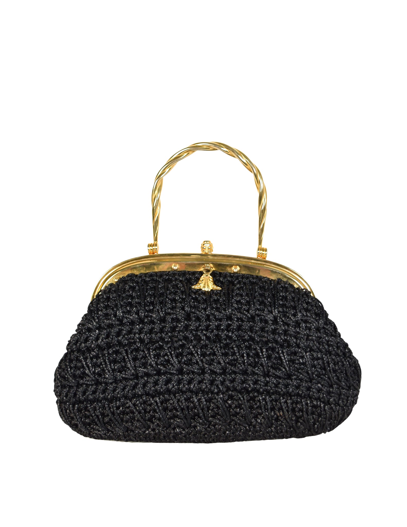 Vintage 1970s Italian Woven Black Raffia Rope Gold Framed Basket Bag