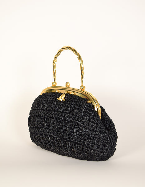Vintage 1970s Italian Woven Black Raffia Rope Gold Framed Basket Bag