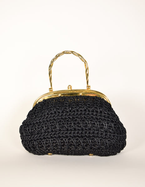 Vintage 1970s Italian Woven Black Raffia Rope Gold Framed Basket Bag