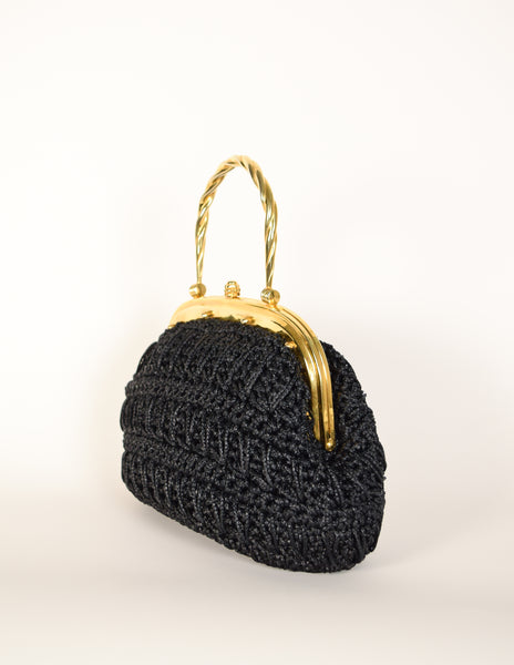 Vintage 1970s Italian Woven Black Raffia Rope Gold Framed Basket Bag