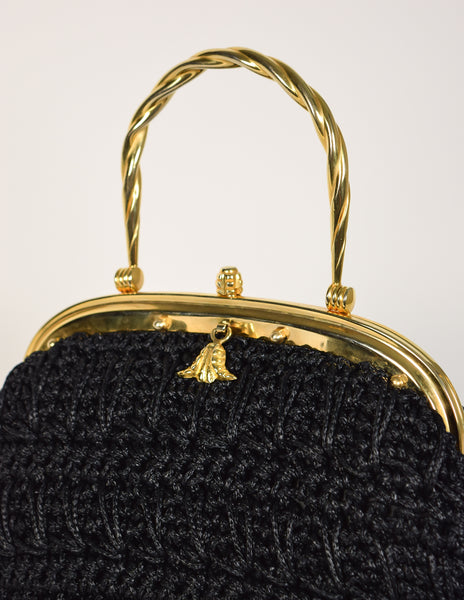 Vintage 1970s Italian Woven Black Raffia Rope Gold Framed Basket Bag