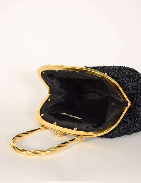 Vintage 1970s Italian Woven Black Raffia Rope Gold Framed Basket Bag