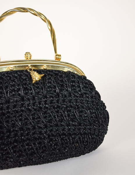 Vintage 1970s Italian Woven Black Raffia Rope Gold Framed Basket Bag