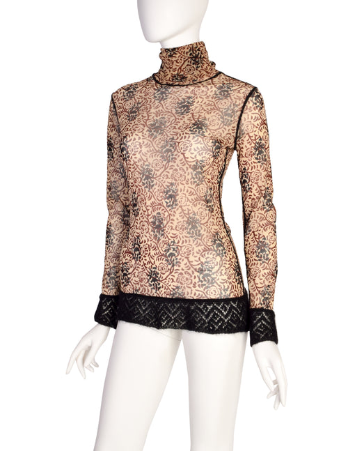 Jean Paul Gaultier Vintage Beige Burgundy Black Floral Damask Mesh