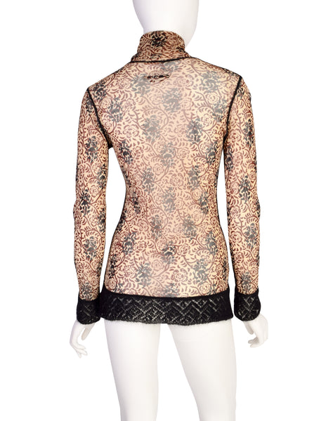 Jean Paul Gaultier Vintage Beige Burgundy Black Floral Damask Mesh Top