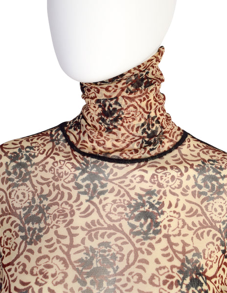 Jean Paul Gaultier Vintage Beige Burgundy Black Floral Damask Mesh Top