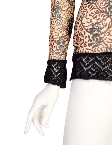 Jean Paul Gaultier Vintage Beige Burgundy Black Floral Damask Mesh Top