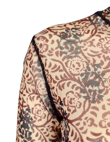 Jean Paul Gaultier Vintage Beige Burgundy Black Floral Damask Mesh Top