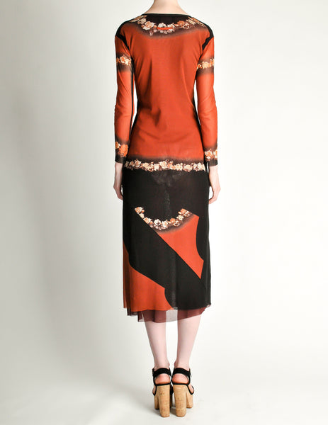Jean Paul Gaultier Vintage Black & Rust Floral Mesh Dress