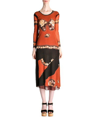 Jean Paul Gaultier Vintage Black & Rust Floral Mesh Dress