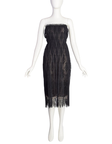 Jackie Rogers Vintage 1990s Sheer Black Pleated Lace Strapless Dress