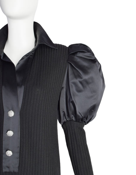 Jacqueline de Ribes Vintage 1980s Black Ribbed Knit Satin Puff Sleeve Dress