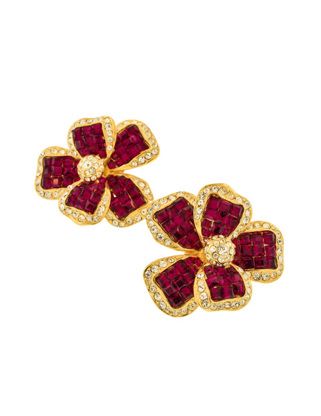 Jarin Kasi Vintage Gold Magenta Rhinestone Flower Earrings