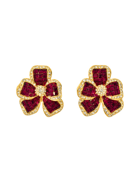 Jarin Kasi Vintage Gold Magenta Rhinestone Flower Earrings