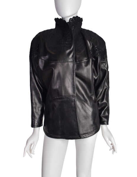 Jean Claude Jitrois Vintage Black Leather Embroidered Applique Jacket