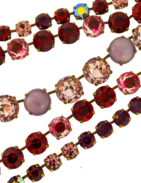 Jean Louis Blin Vintage Red Purple Pink Crystal Rhinestone Multistrand Necklace and Earrings Set