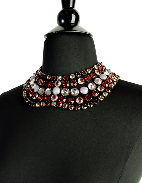 Jean Louis Blin Vintage Red Purple Pink Crystal Rhinestone Multistrand Necklace and Earrings Set