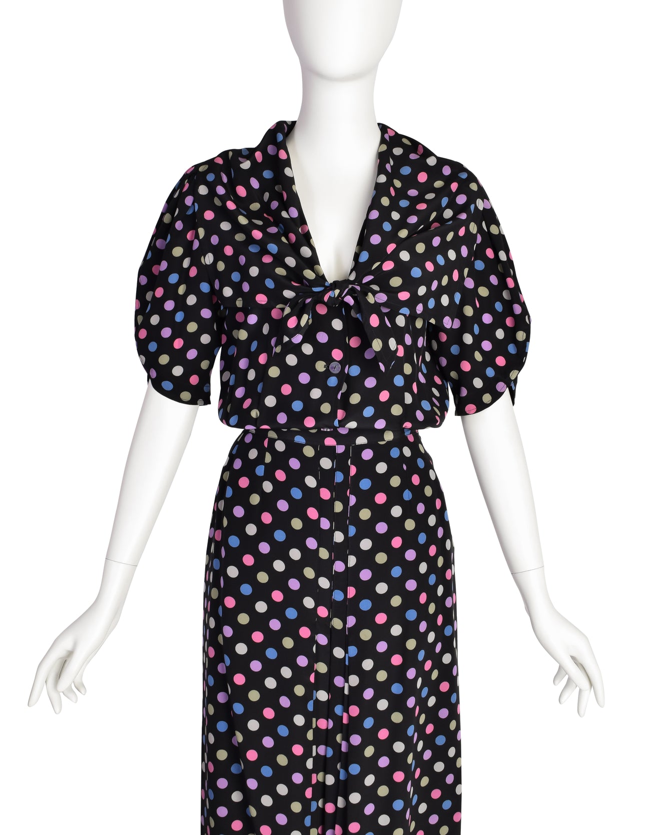Jean Muir Vintage Black Multicolor Polka Dot Silk Top and Skirt Ensemble Set