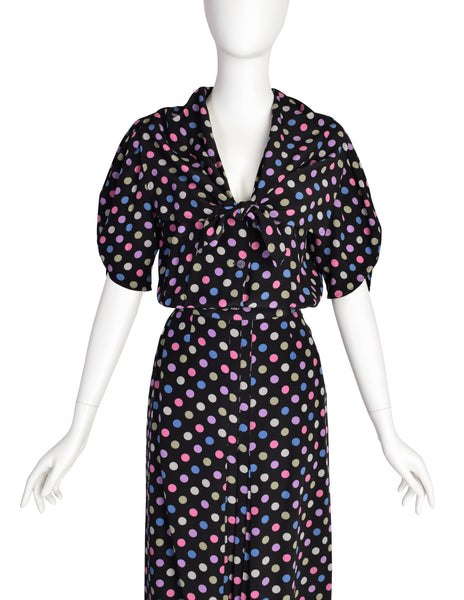 Jean Muir Vintage Black Multicolor Polka Dot Silk Top and Skirt Ensemble Set
